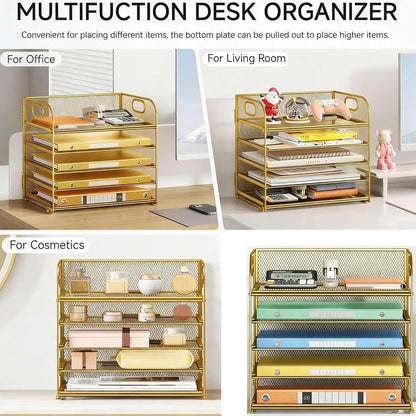 Lavatino 5 Tray Desk File Organizer, Black Mesh Paper Sorter Letter Tray Organizer with Handle, Desktop File Organizer and Storage for Letter/A4 Office File Folder