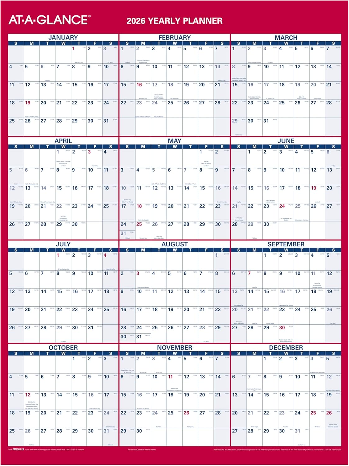 AT-A-GLANCE 2026 Erasable Calendar, Dry Erase Wall Planner, 12" x 16", Small, Vertical-Horizontal, Reversible, Compact (PM330B2826)