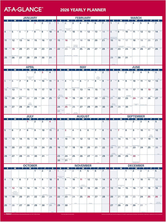 AT-A-GLANCE 2026 Erasable Calendar, Dry Erase Wall Planner, 12" x 16", Small, Vertical-Horizontal, Reversible, Compact (PM330B2826)