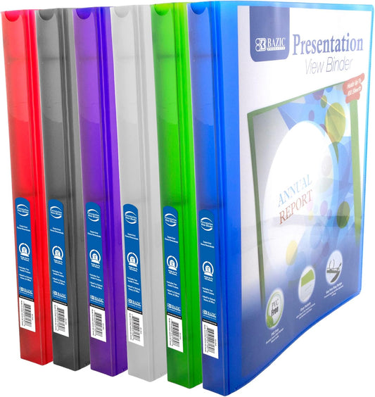 BAZIC Products 3 Ring Binder, Clear View Soft Cover Notebook, Durable Poly Organizer for School & Office Use, 0.5 in Capacity Holds 100 Sheets, Assorted Colors, 6-Pack
