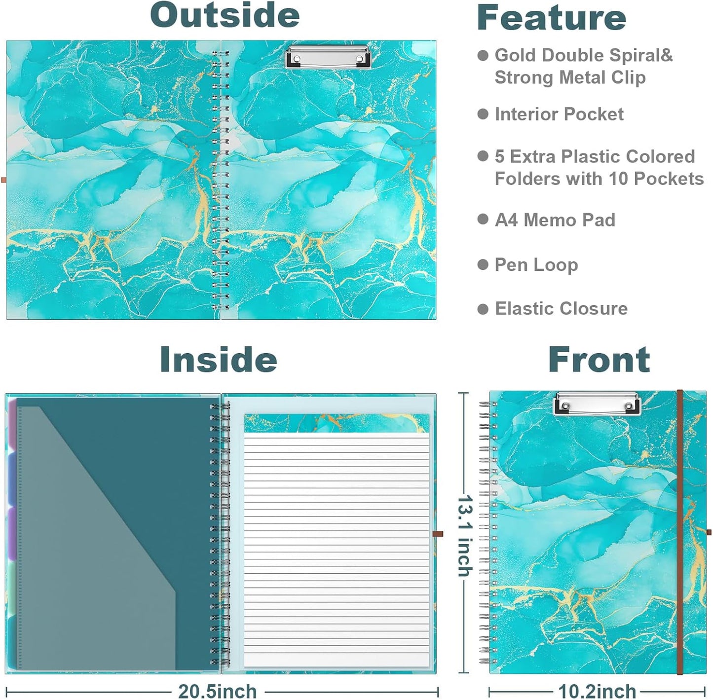 Hongri Clipboard Folio with Refillable Lined Notepad, 8.5 x 11 Folders with Storage 10 Pockets, Spiral Portfolio, Size 12.8X 9.7 in, Office & School Supplies, Skeleton