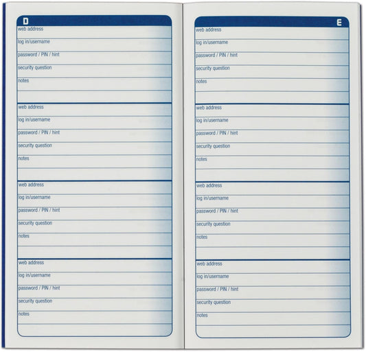 Adams Password Journal, 1 Count, 6.25 x 3.25 Inches, Blue, Alphabetically Organized with 4 Entries Per Page, 48 Pages, Pocket-Sized Login Companion (APJ99)