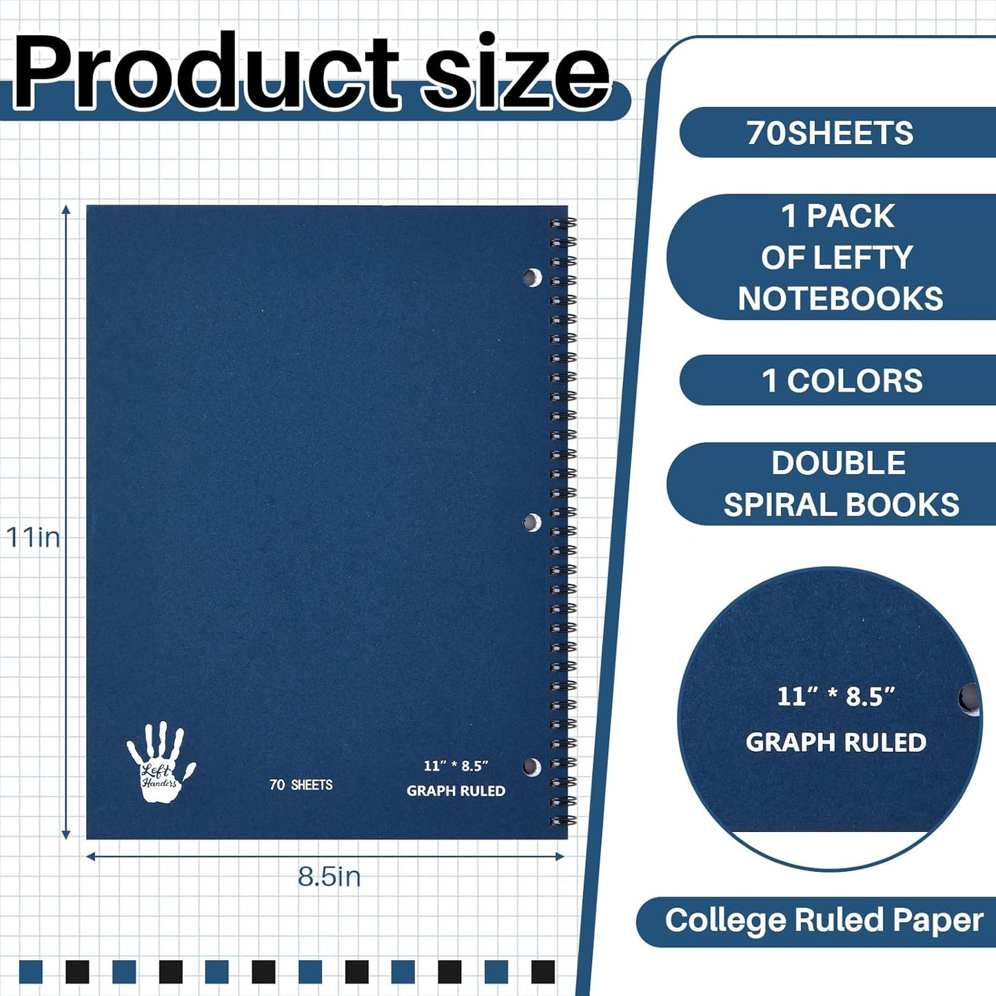 Henoyso 11" x 8.5" Lefty Spiral Graph Paper Notebook, Left Handed 1 Subject 4x4 Grid Paper Notebook, Blue Covers 70 Sheets Easy Tear-off for Maths Geometry Drawing, Gifts for Students