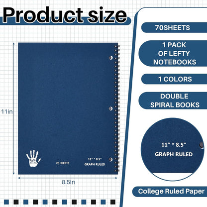 Henoyso 11" x 8.5" Lefty Spiral Graph Paper Notebook, Left Handed 1 Subject 4x4 Grid Paper Notebook, Blue Covers 70 Sheets Easy Tear-off for Maths Geometry Drawing, Gifts for Students