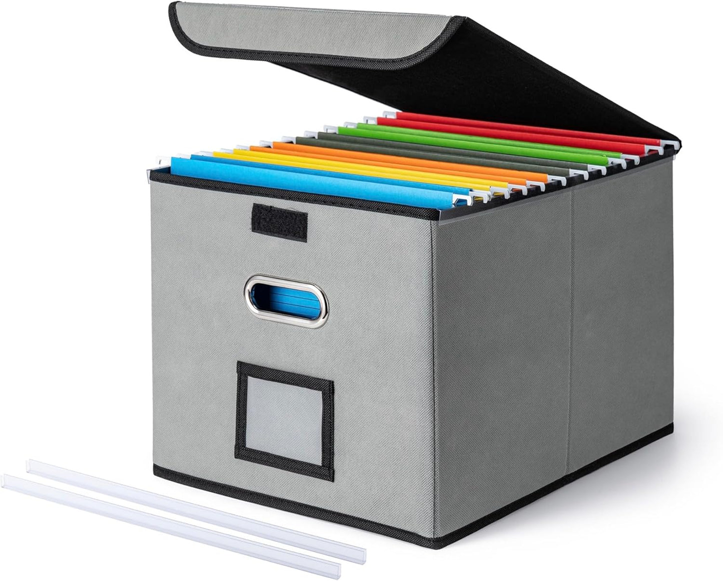 CADONO File Organizer Box with Lid, Large Hanging File Folder Organizer with Plastic Slide, Collapsible Portable Filing Storage Boxes for Office/Decor/Home (Black, 14.9 x 12.59 x 10.8 inch)