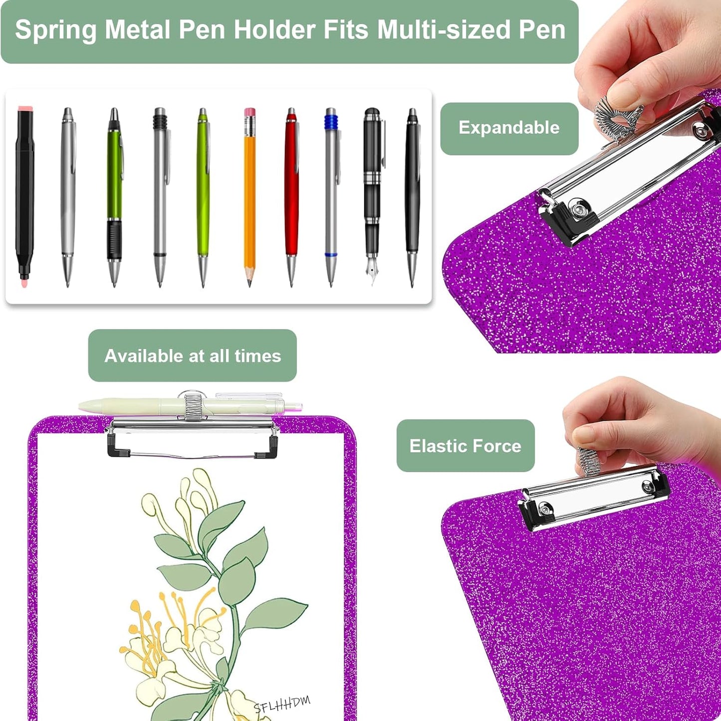 SFLHHDM 1 Pcs Clear Glitter Clipboards, Plastic Clipboard with Pen Holder, Size 8.85 x 12.4 in Shiny Clipboards with Low Profile Clip, Cute Hanging Clipboard for Office School Sparkly Clip Board-Pink