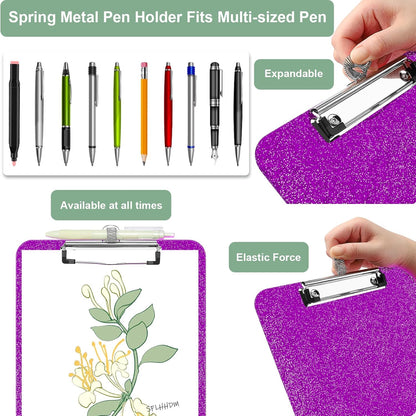 SFLHHDM 1 Pcs Clear Glitter Clipboards, Plastic Clipboard with Pen Holder, Size 8.85 x 12.4 in Shiny Clipboards with Low Profile Clip, Cute Hanging Clipboard for Office School Sparkly Clip Board-Pink