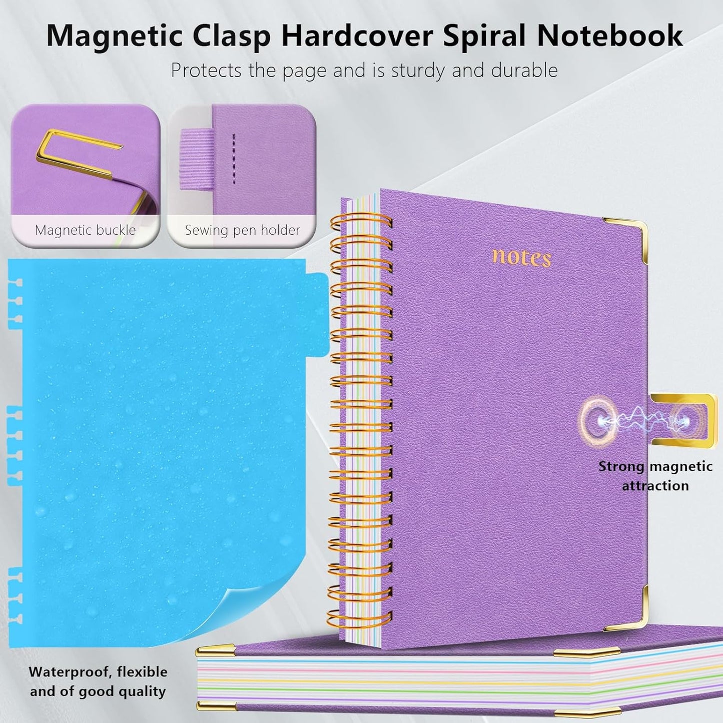 Hardcover Spiral Notebook College Ruled, 8"x10" Leather Journal Notebook with Magnetic Closure, 300 Pages 5 Subject Notebook with Dividers Tabs Journal for Women Men, Work, School(Rose Red)