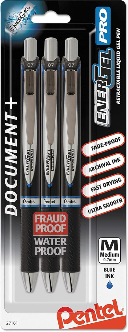 Pentel EnerGel Permanent Gel Ink Rollerball Pen, Black, 3 Pack (BLP77BP3A)