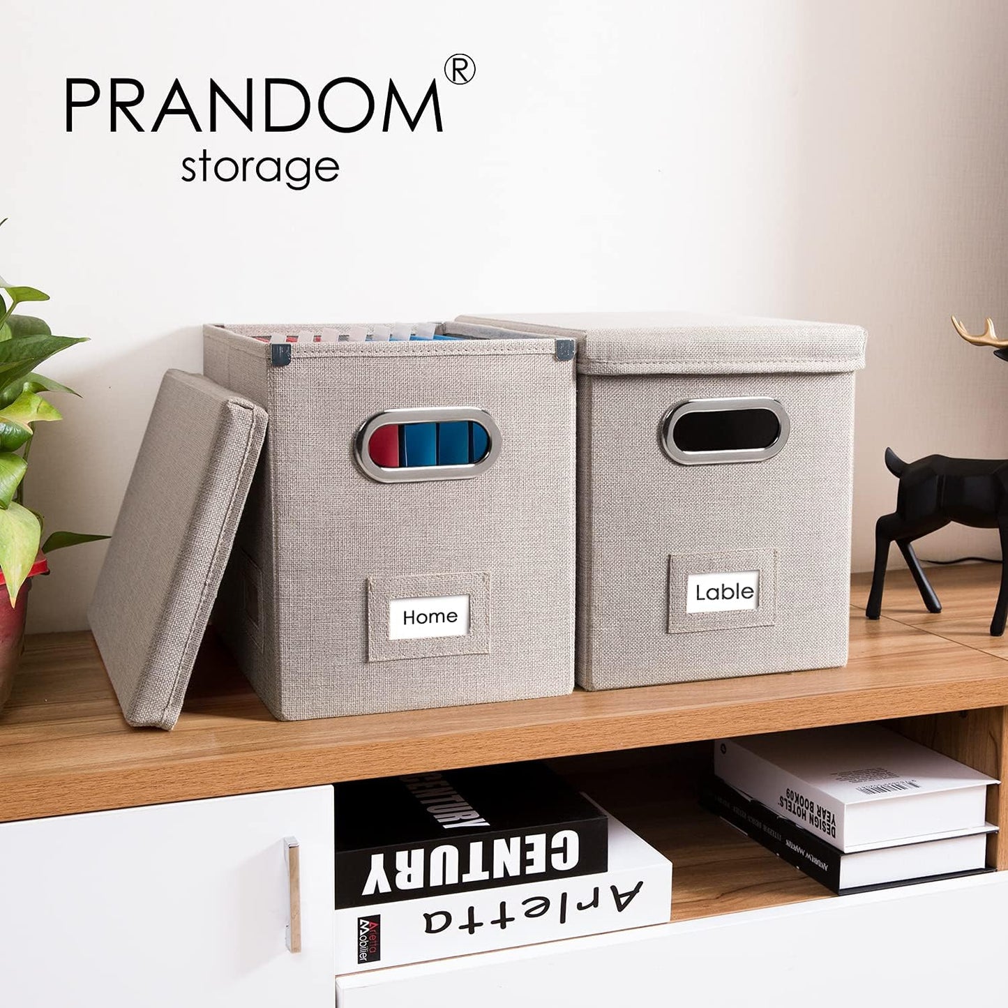 PRANDOM File Organizer Box - Collapsible Decorative Linen Filing Storage with Lids for Letter Size - Grey (14x9.3x10.8 inch)