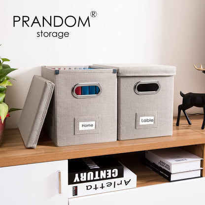 PRANDOM File Organizer Box - Collapsible Decorative Linen Filing Storage with Lids for Letter Size - Grey (14x9.3x10.8 inch)