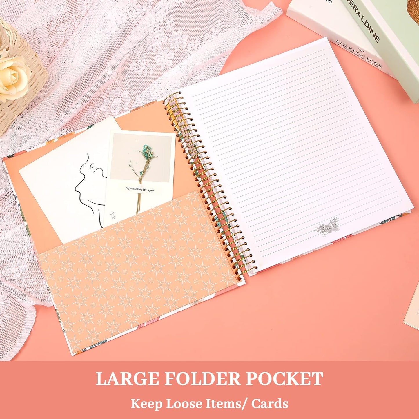CAGIE Spiral Notebook Journal 8.5 x 11 Hardcover Notebooks College Ruled with Large Pockets Aesthetic Floral Note Book Spiral Bound Notebooks for Work Note Taking Women Writing School, 200 Pages