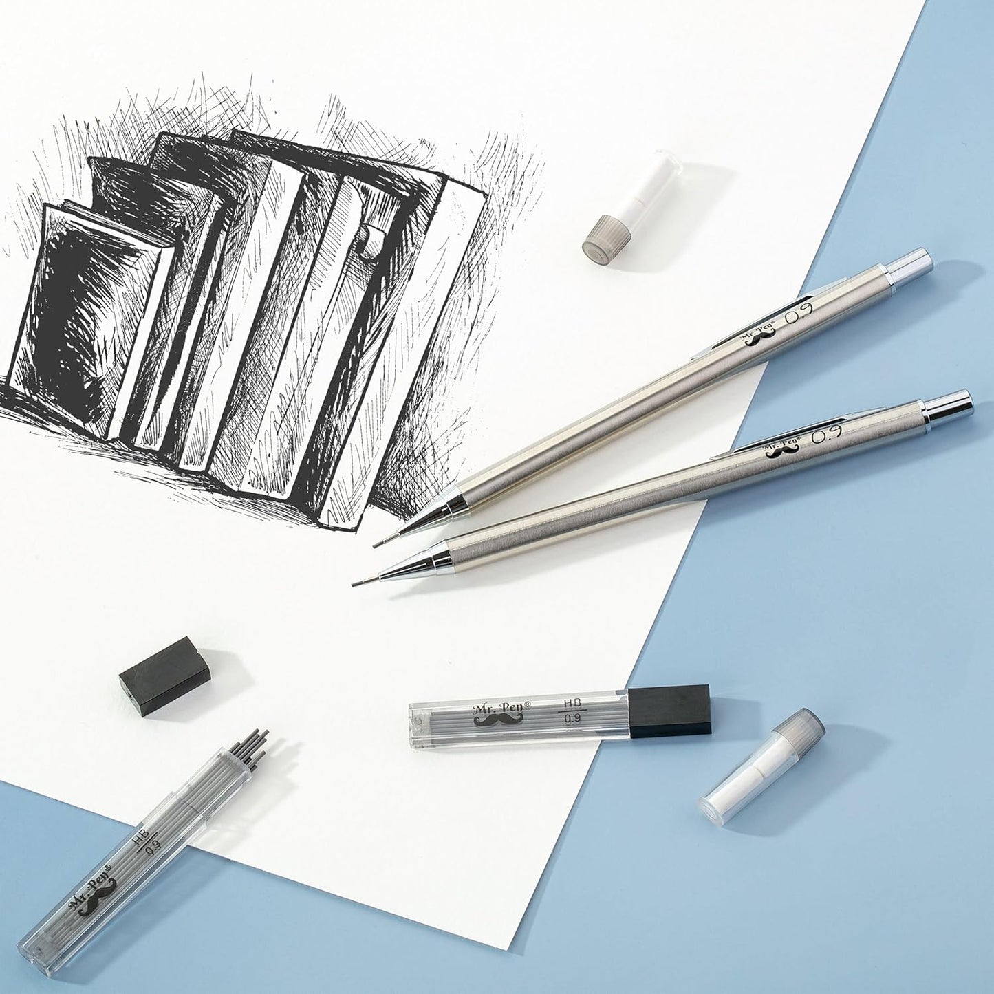 Mr. Pen- Metal Mechanical Pencil Set with Lead Refills & Erasers, 2mm, HB & Colored Lead Refills, 4x Eraser Refills for School Supplies, Note Taking, Drawing, Sketching, Office