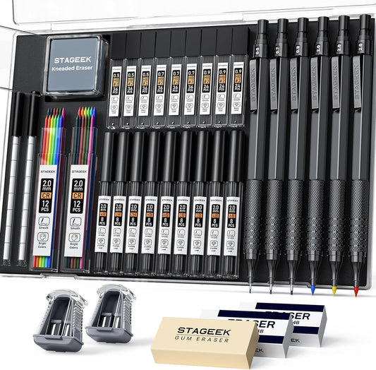 STAGEEK 35PCS Black Art Mechanical Pencil Set in Case，0.5 0.7 0.9 2.0 Graphite Metal Drawing Drafting Pencils, Sharpener Erasers 384PCS Lead Refills (6B 4B 2B HB 2H 4H Colors) for Writing Sketching