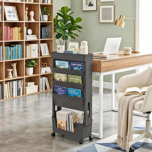 BYFU 6-Tier Movable Bookshelf Cart, Rolling File Storage Paper Organizer Mobile Bookcase with Wheels for Home Office Study Classroom, Black