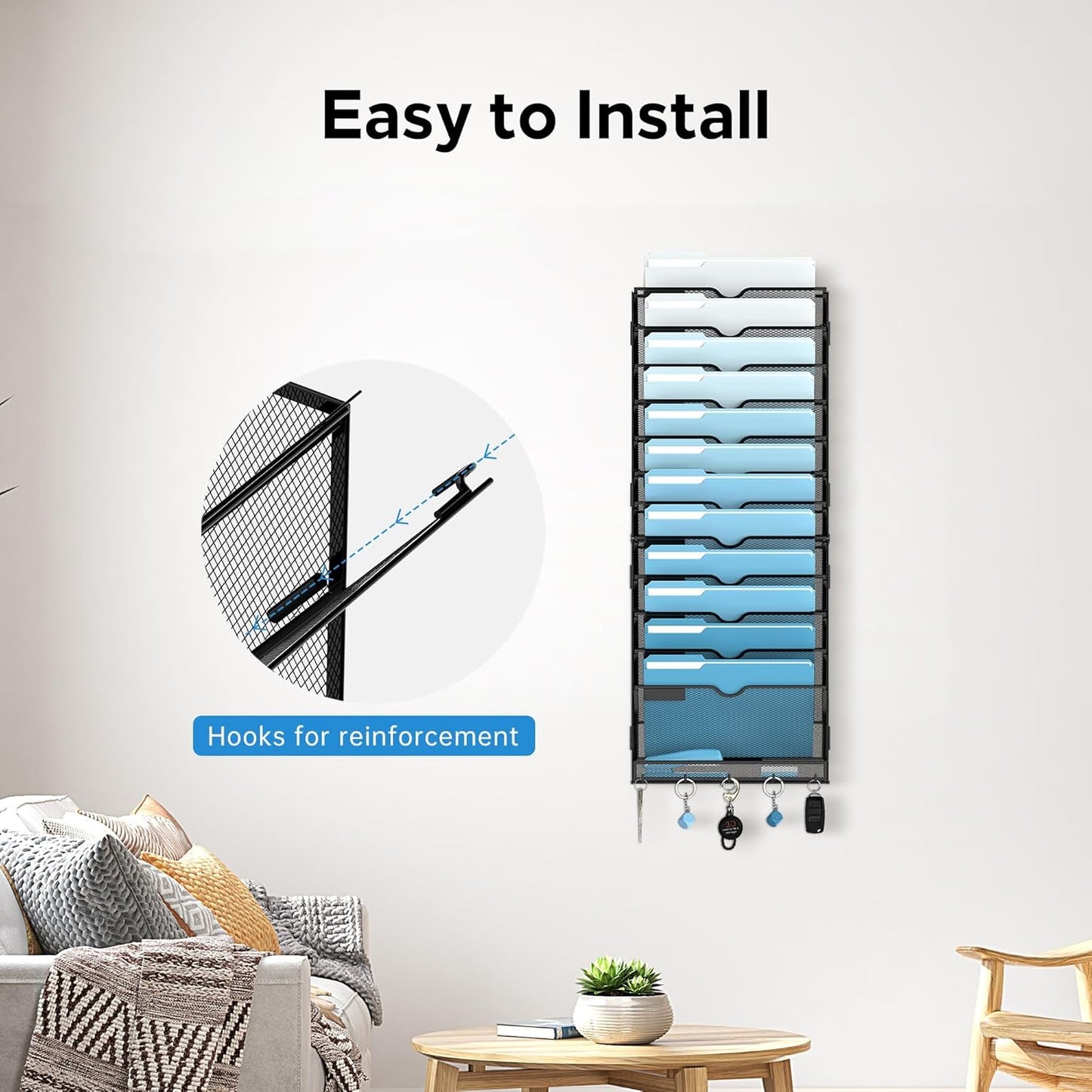 SUPEASY 7-Tier Mesh Wall File Holder, Hanging Wall File Organizer, Office Organization for Papers, Mails, Folders, Files Clipboard Magazine Rack, Black