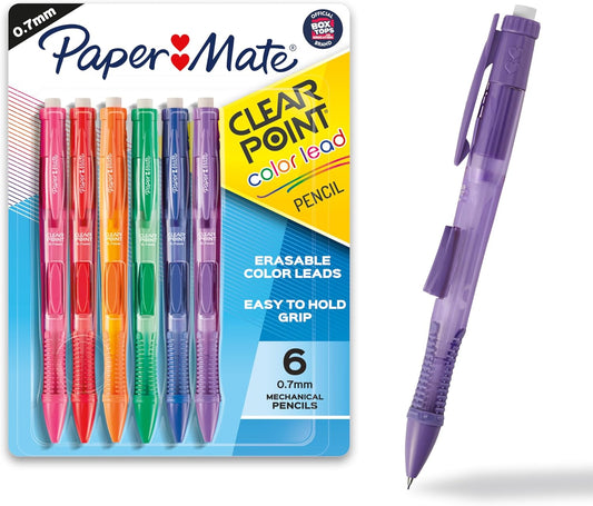 Paper Mate Clearpoint Mechanical Pencils, 0.7mm Color Lead, Erasable, Refillable, 6 Count - Vibrant Colors, Comfortable Grip, Fun Office Supplies
