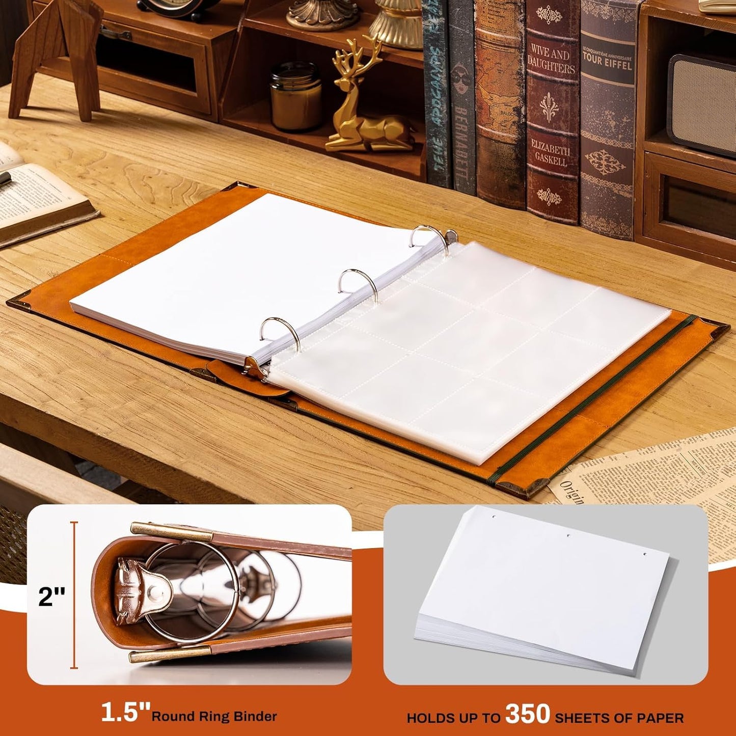 Ovesmusl Leather 3 Ring Binder Fits 8.5"x11" Letter Size Paper, 1 Inch Round Ring Binder Holds 200 Sheets, Notebook Cover Loose Leaf Organizer, Green Tree