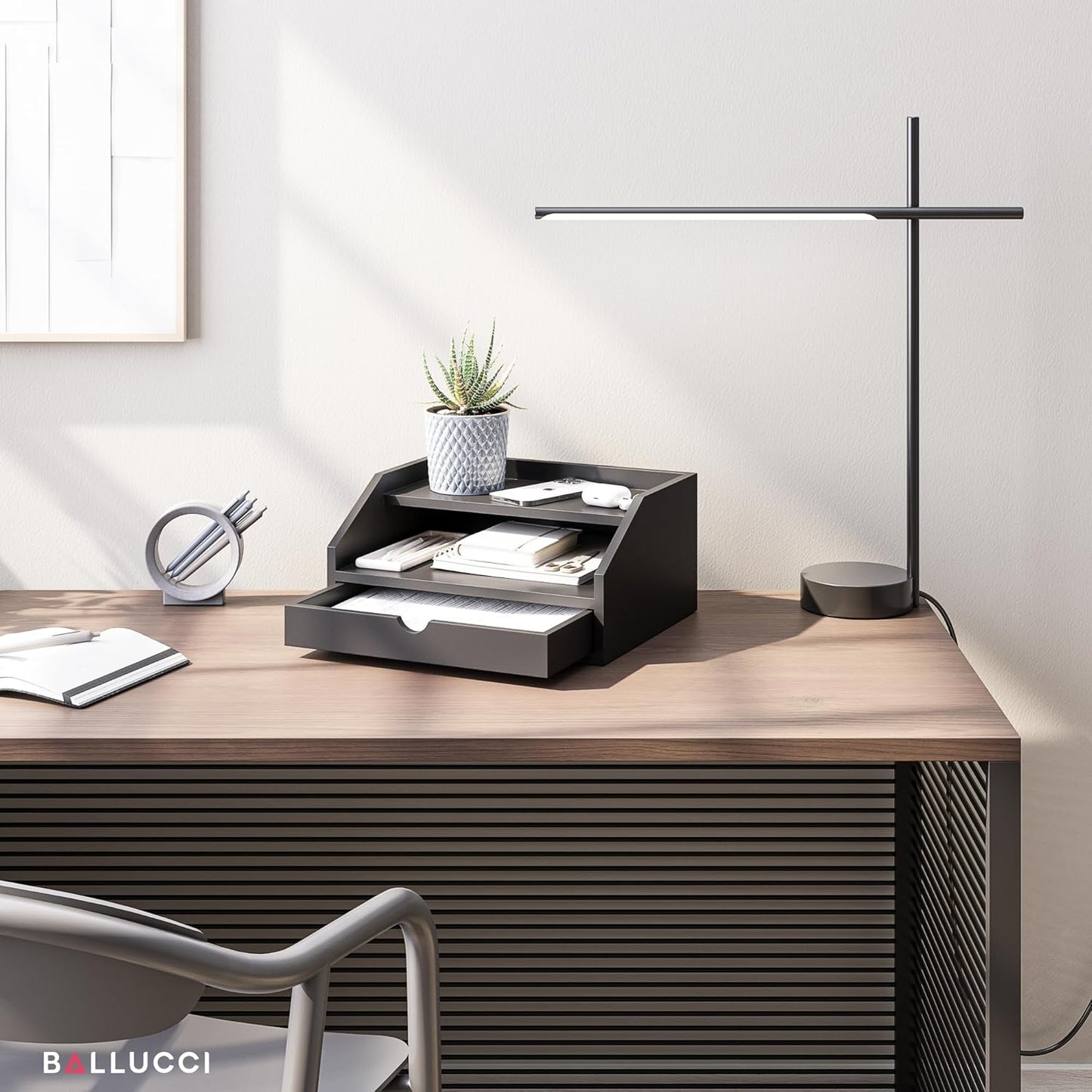 Ballucci Desk Organizer with Drawer, 2 Tier Paper Office Supplies Desk Organizer, 13 2/5" x 9 3/5" x 6", Black