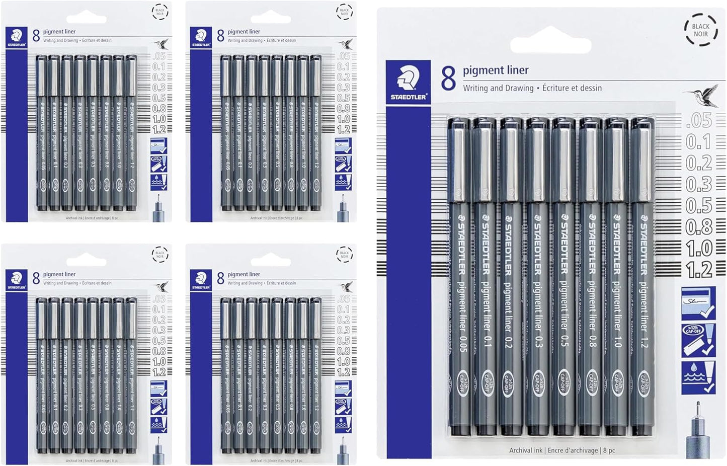 Staedtler Pigment Liner Pack, Black, 8 Pens, Assorted Line Widths, 0.05mm, 0.1mm, 0.2mm, 0.3mm, 0.5mm, 0.8mm, 1.0mm, 1.2mm
