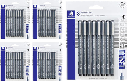 Staedtler Pigment Liner Pack, Black, 8 Pens, Assorted Line Widths, 0.05mm, 0.1mm, 0.2mm, 0.3mm, 0.5mm, 0.8mm, 1.0mm, 1.2mm
