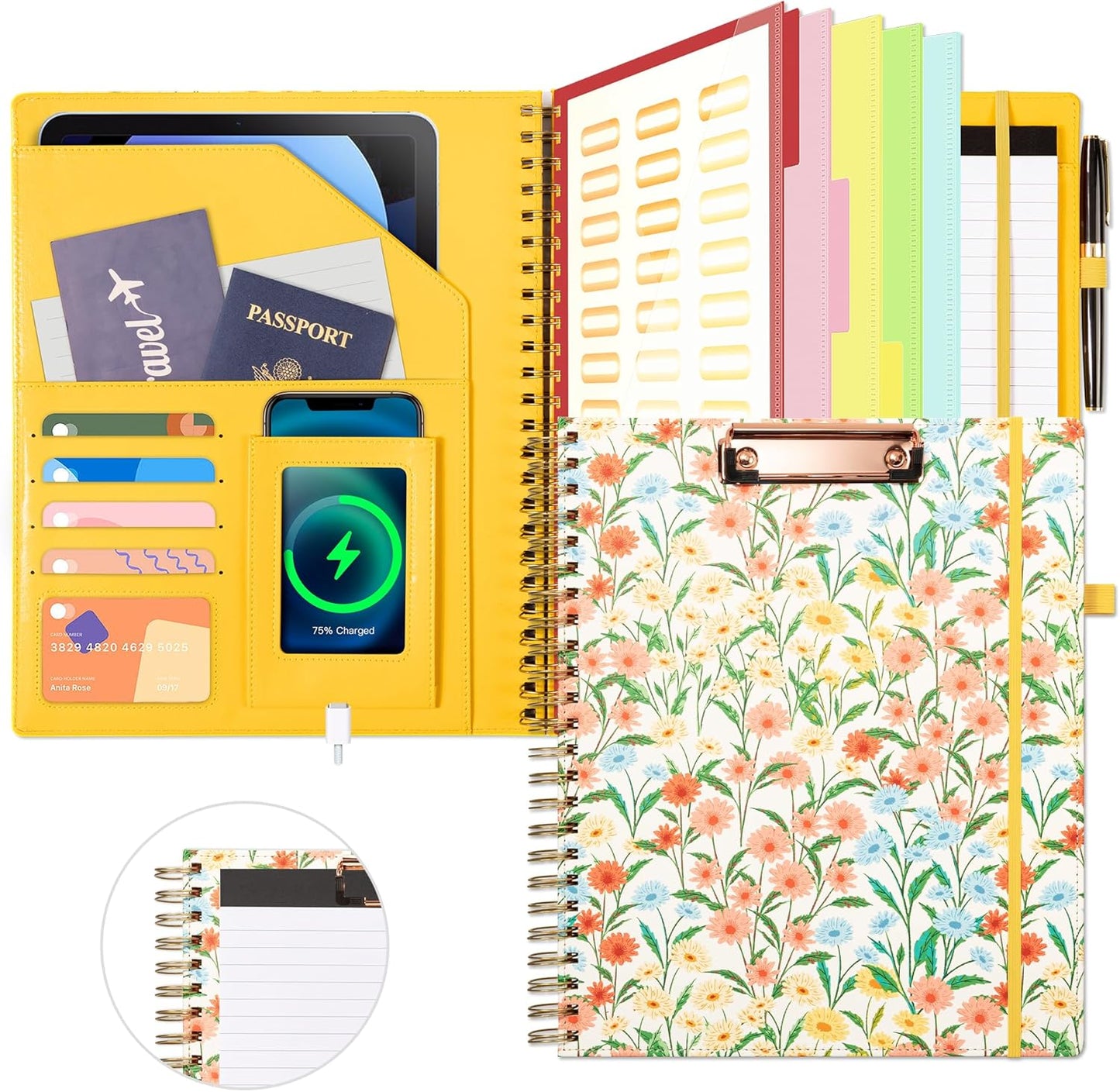 Ospelelf Clipboard with Storage for Women, Leather Padfolio Portfolio Organizer 5 Folders with 10 Pockets, Spiral Clipboard Folio with Notepad for Letter Size, Elastic Closure and Pen Loop Floral