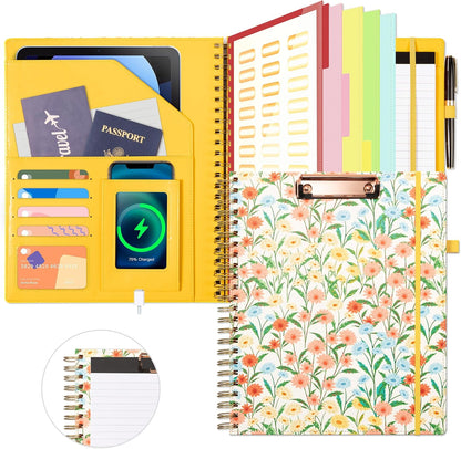 Ospelelf Clipboard with Storage for Women, Leather Padfolio Portfolio Organizer 5 Folders with 10 Pockets, Spiral Clipboard Folio with Notepad for Letter Size, Elastic Closure and Pen Loop Floral