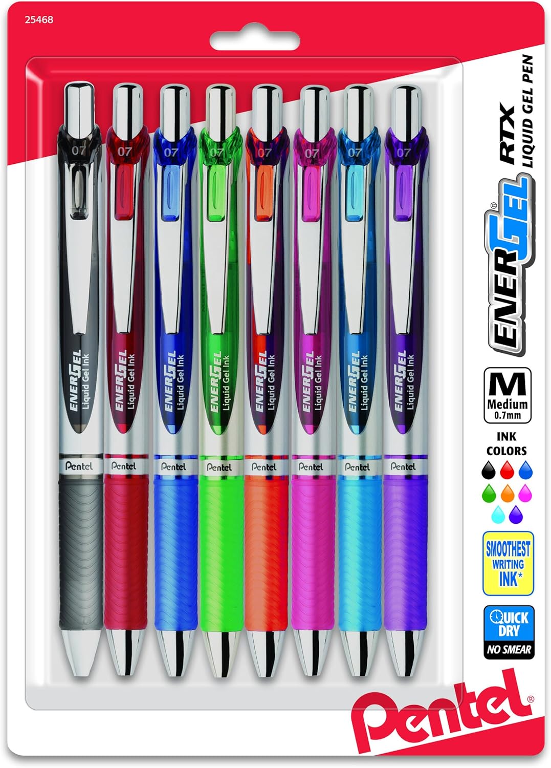 Pentel EnerGel RTX Retractable Liquid Gel Pen, (0.7mm) Metal Tip, Medium Line,Assorted Ink, 8-Pk (BL77BP8M1)