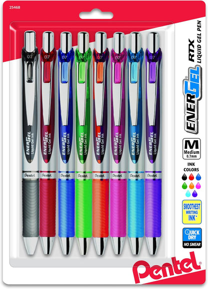 Pentel EnerGel RTX Retractable Liquid Gel Pen, (0.7mm) Metal Tip, Medium Line,Assorted Ink, 8-Pk (BL77BP8M1)