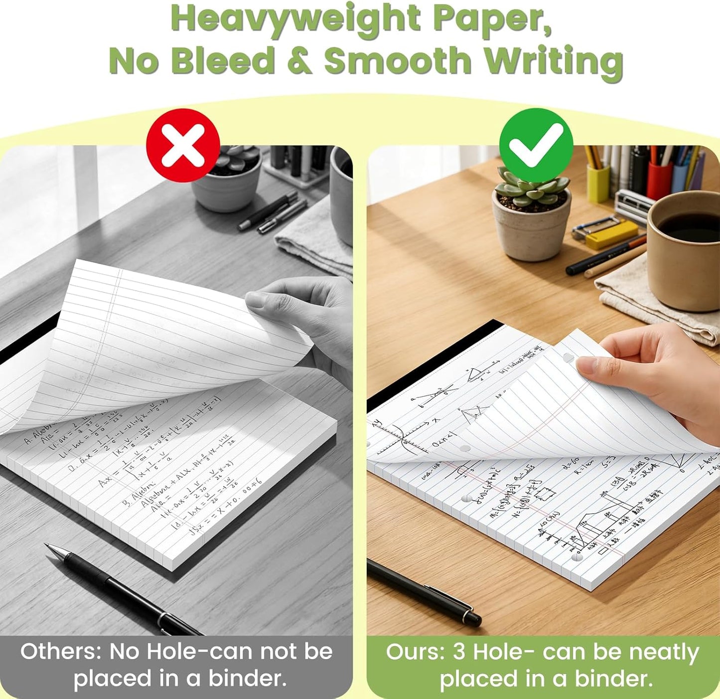 Legal Pads 8.5x11, White Notepads 8.5x11, Wide Ruled Lined with 3 Hole Punch, Loose Leaf Notebook Paper for 3 Ring Binders, 3 Pack, 30 Sheets/Pack, Perforate for School, Office, Home