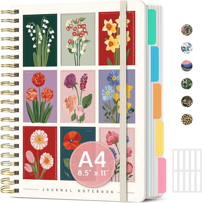 Large Spiral Notebook with Dividers & Tabs, 8.5" x 11" Hardcover 5 Subject Notebook for Work, 280 pages, College Ruled, Cute Journal for Women, Perfect for Study & Office Note Taking, Garden