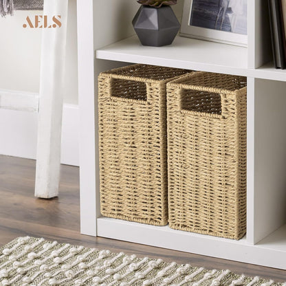 AELS Woven Natural Fibre Magazine Holder, Scalloped Edge Floor Magazine Rack, Hand-woven Organizer, Boho Modern Farmhouse Book Basket, File Newspaper Mail Holder for Office
