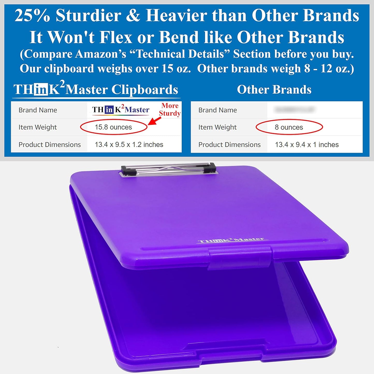 Think2Master Black Plastic Storage Clipboard. | 25% Heavier & 25% Sturdier| Heavy Duty and Won’t Flex or Bend Like Other Brands (Compare The Weight). Storage Compartment Holds 150 Letter Sized Paper.