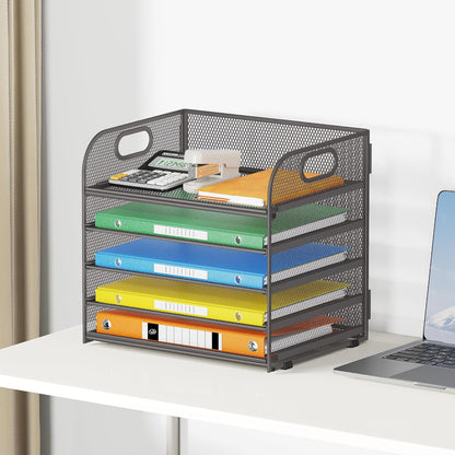 Lavatino 5 Tray Desk File Organizer, Black Mesh Paper Sorter Letter Tray Organizer with Handle, Desktop File Organizer and Storage for Letter/A4 Office File Folder