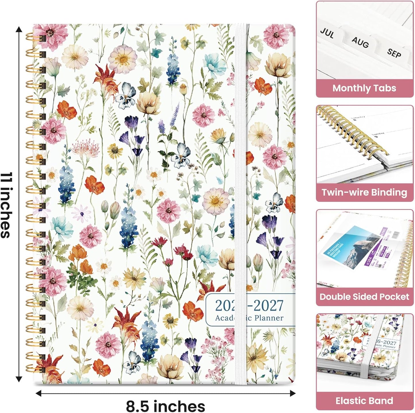 Planner 2026-2027, Academic Year Monthly and Weekly Calendar Planner, Jul 2026 - Jun 2027, Hardcover Teacher Student Planning Agenda book with Tabs, Perfect for School Office Supplies, 6.3" x 8.5" - Wildflowers
