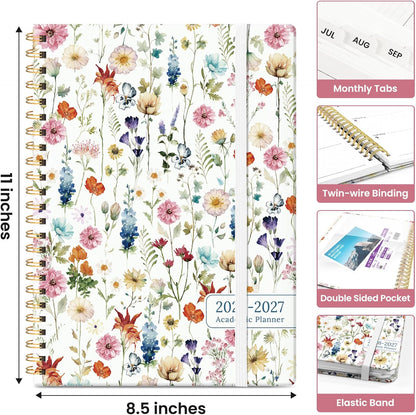 Planner 2026-2027, Academic Year Monthly and Weekly Calendar Planner, Jul 2026 - Jun 2027, Hardcover Teacher Student Planning Agenda book with Tabs, Perfect for School Office Supplies, 6.3" x 8.5" - Wildflowers