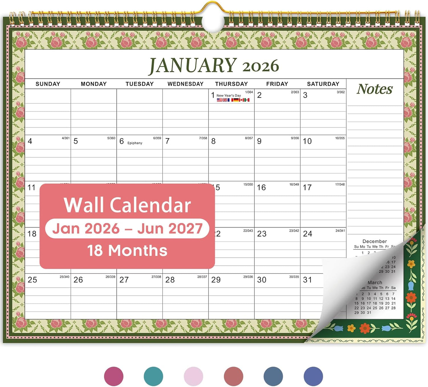 Calendar 2026-2027, Monthly Wall Calendar Runs Until June 2027, 11.5" x 14.8", Spiral Binding Hanging Wall Calendar, Perfect for Home or Office,Floral