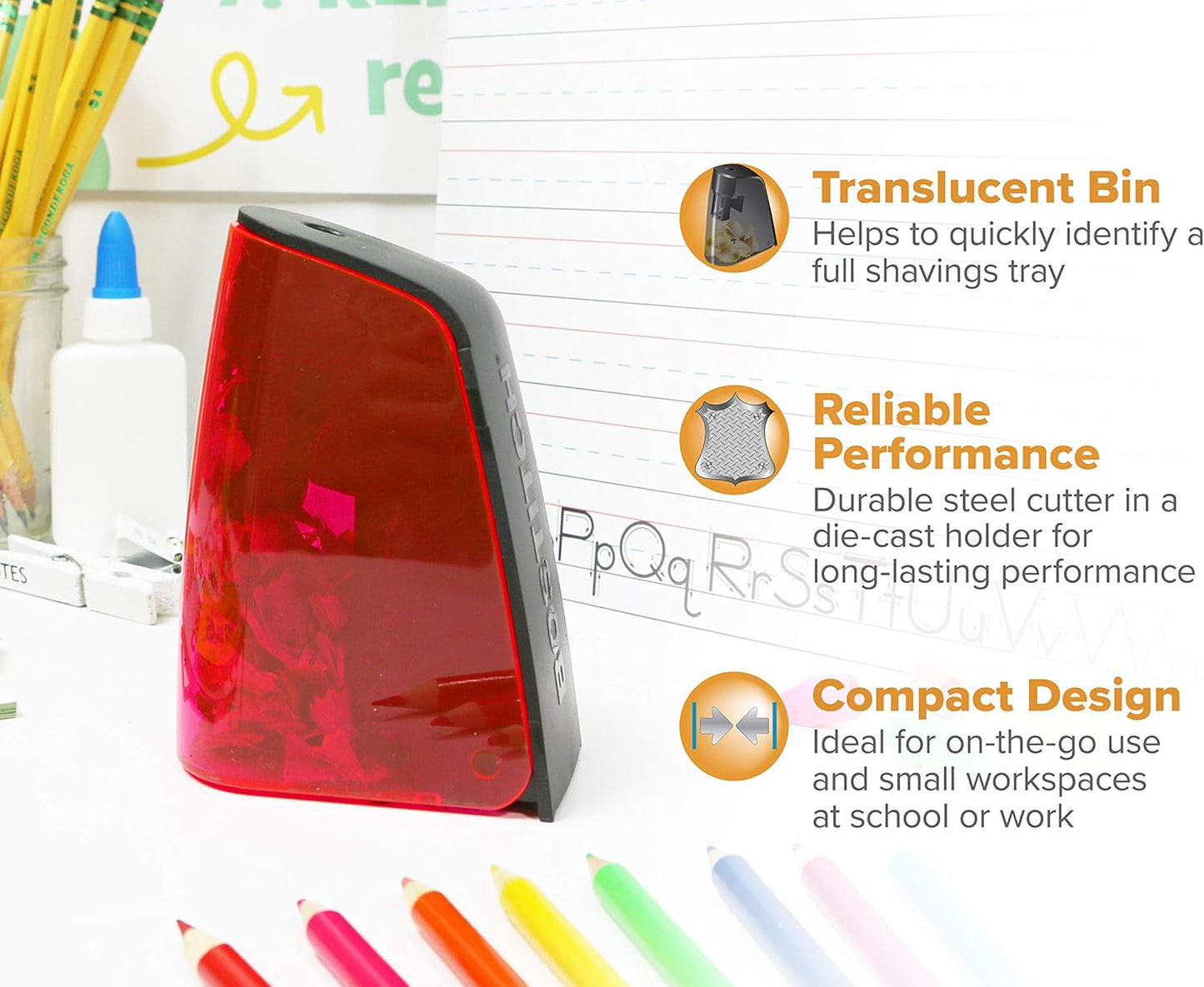 Bostitch Office Battery Powered Pencil Sharpener, Portable, Hinged Tray, Colored Pencil Compatible, Fits In Backpack & Most Pencil Cases, Red