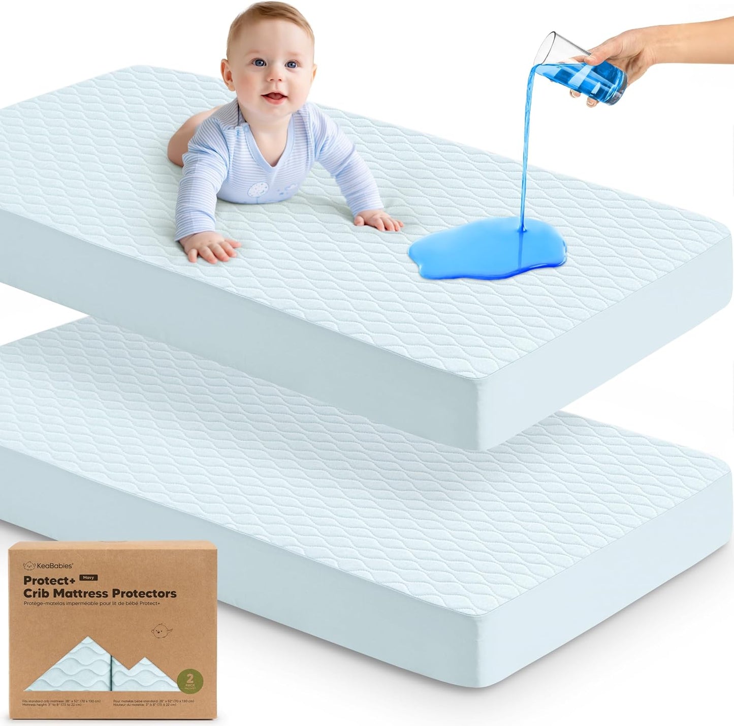 2-Pack Waterproof Crib Mattress Protector Cover Fitted - Quiet Baby Crib Mattress Pad Sheets, 52" x 28" Soft Quilted Cotton Baby Sheet, Machine Washable, Easy Fit, Durable (Soft White/Mavy)