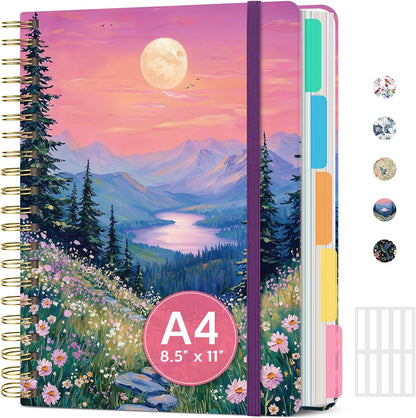Large Lined Spiral Journal for Women Cute Hardcover 5 Subject Notebook for Work 8.5" x 11" with Removable Dividers & Tabs, College Ruled, 280 Pages Aesthetic Journal for Work, School & Note Taking, Garden of Whimsy