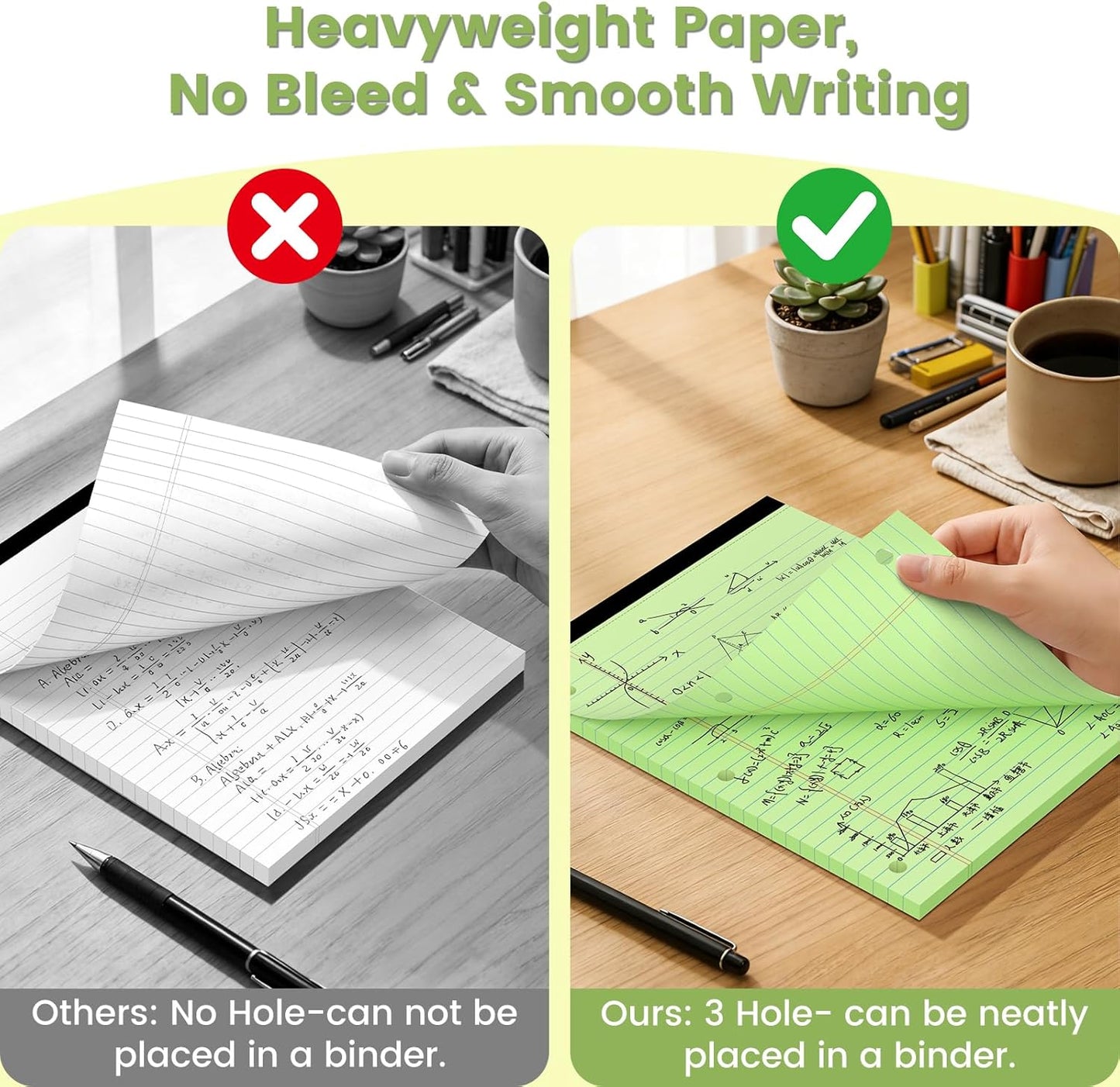 Legal Pads 8.5x11, White Notepads 8.5x11, Wide Ruled Lined with 3 Hole Punch, Loose Leaf Notebook Paper for 3 Ring Binders, 3 Pack, 30 Sheets/Pack, Perforate for School, Office, Home