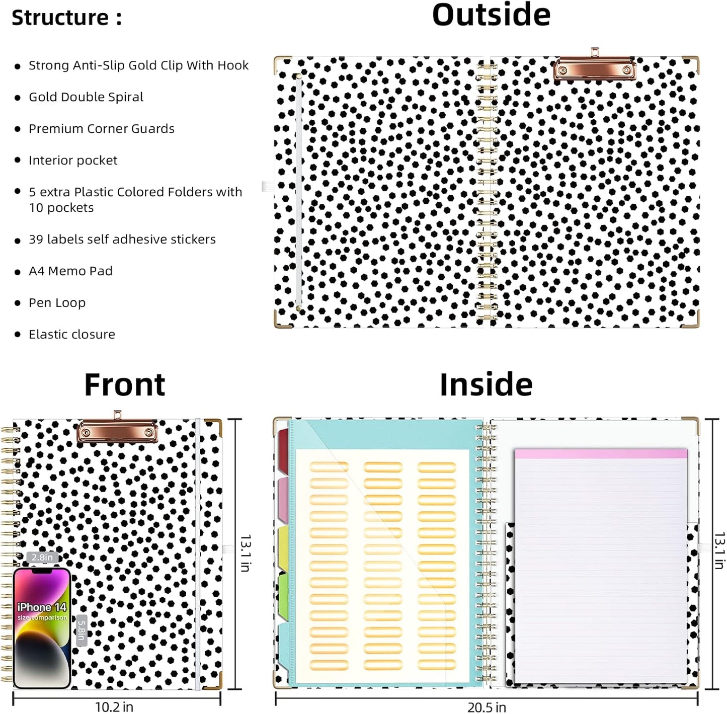 Ospelelf Clipboard with Storage 8.5 X 11，Padfolio Organizer, Spiral Portfolio Letter Size with Notepad, Pen Holder, 5 Extra Folder Divider Pages, Elastic Closure Nurse Office Essentials (Polka Dots)
