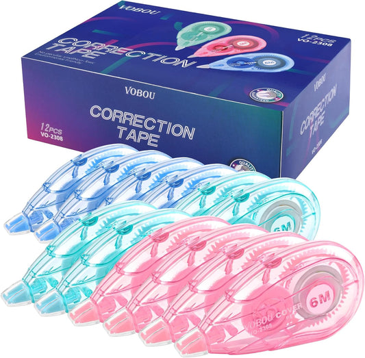 Vobou White Correction Tape, Easy To Use Applicator for Instant Corrections Wrong Writing At Any Time, For school, Office (Red and Blue, 12pack, 6M/256" x 0.2")