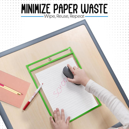 Essex Wares - 6 Pack, Assorted, Dry Erase Pocket Document Protectors, 10" Wide x 13.5" Tall- Dry Erase Clear Plastic Sleeves - Reusable & Easy Erase Plastic Invoice Holders, Water-Resistant & Durable