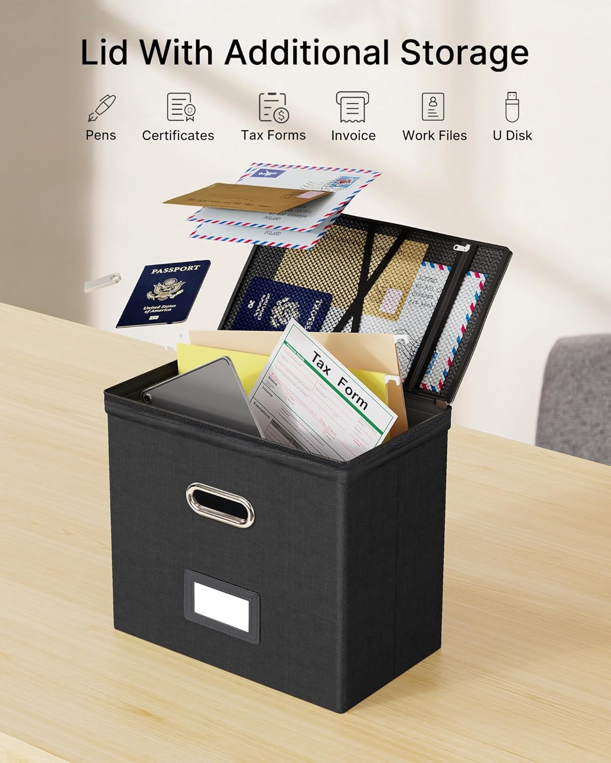 Oterri 2 Pack File Organizer Boxes with Lids, File Box with Mesh Pockets, Document Organizer Box for File Folders Letter Size, Zippers Filing Box for Home, Office, School (Green, Without Folders)