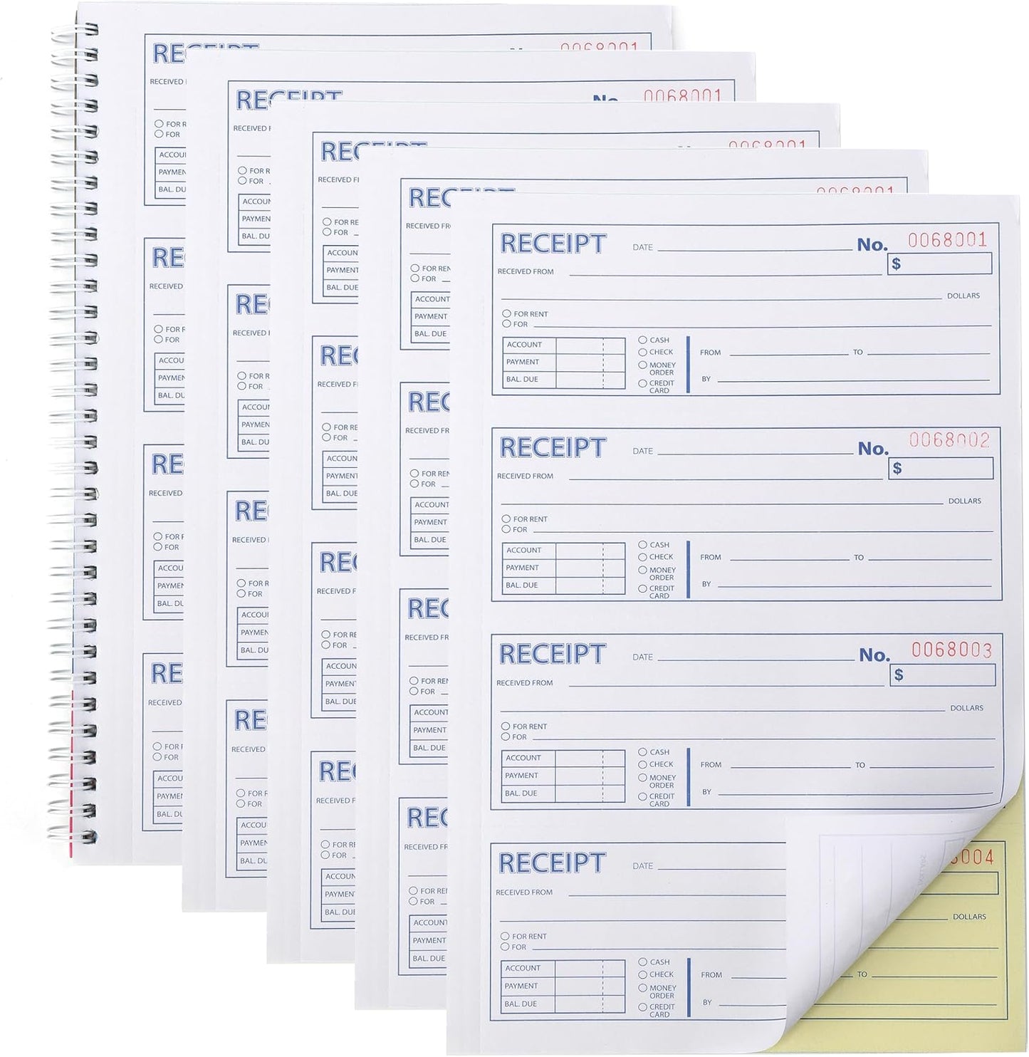 Money and Rent Receipt Book 2-Part Carbonless 7-5/8" x 11" Spiral Bound 200 Sets per Book 4 Receipts per Page(1pack)