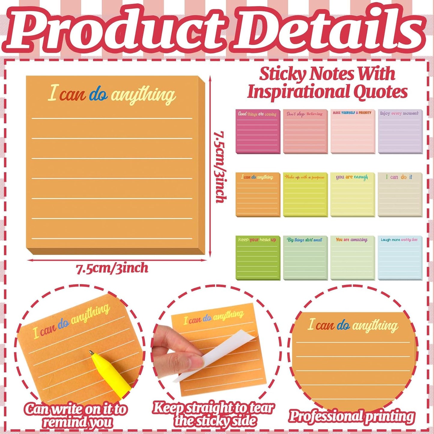 Yinder 48 Pcs Inspirational Sticky Notes Cute Motivational Sticky Notes Pad End of Year Employee Appreciation Gifts Bulk for Teacher Nurse Coworkers Office Supplies 3 x 3'' (Thank You,Dark Color)