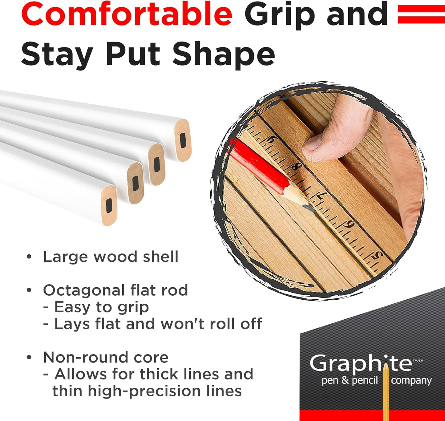 GRAPHITE Hard Lead Carpenter Pencils Bulk - (1) Pack of 12 Pieces Lumber Wooden Pencil #2 (HB) - Red