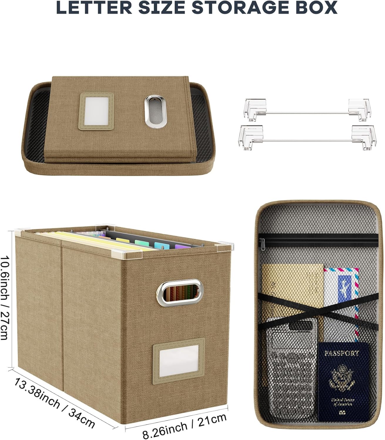 Oterri File Organizer Box with Lid, Hanging Filing File Box with Mesh Pocket, Document Organizer Box for Letter Files, Portable Storage Box with Smooth Sliding Rail for Office&Home (1 PCS, Beige)