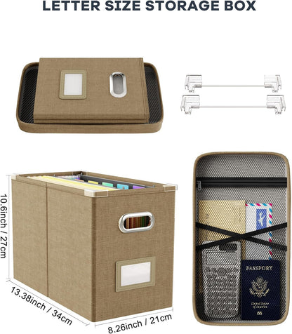 Oterri File Organizer Box with Lid, Hanging Filing File Box with Mesh Pocket, Document Organizer Box for Letter Files, Portable Storage Box with Smooth Sliding Rail for Office&Home (1 PCS, Beige)
